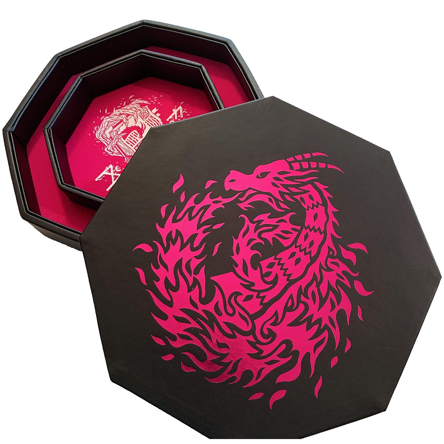 Fantasydice - PINK - Fire Dragon - Dice Tray - 8'' Octagon with Lid and Dice Staging Area- Holds 5 Sets of Dice(7 / Standard) fo