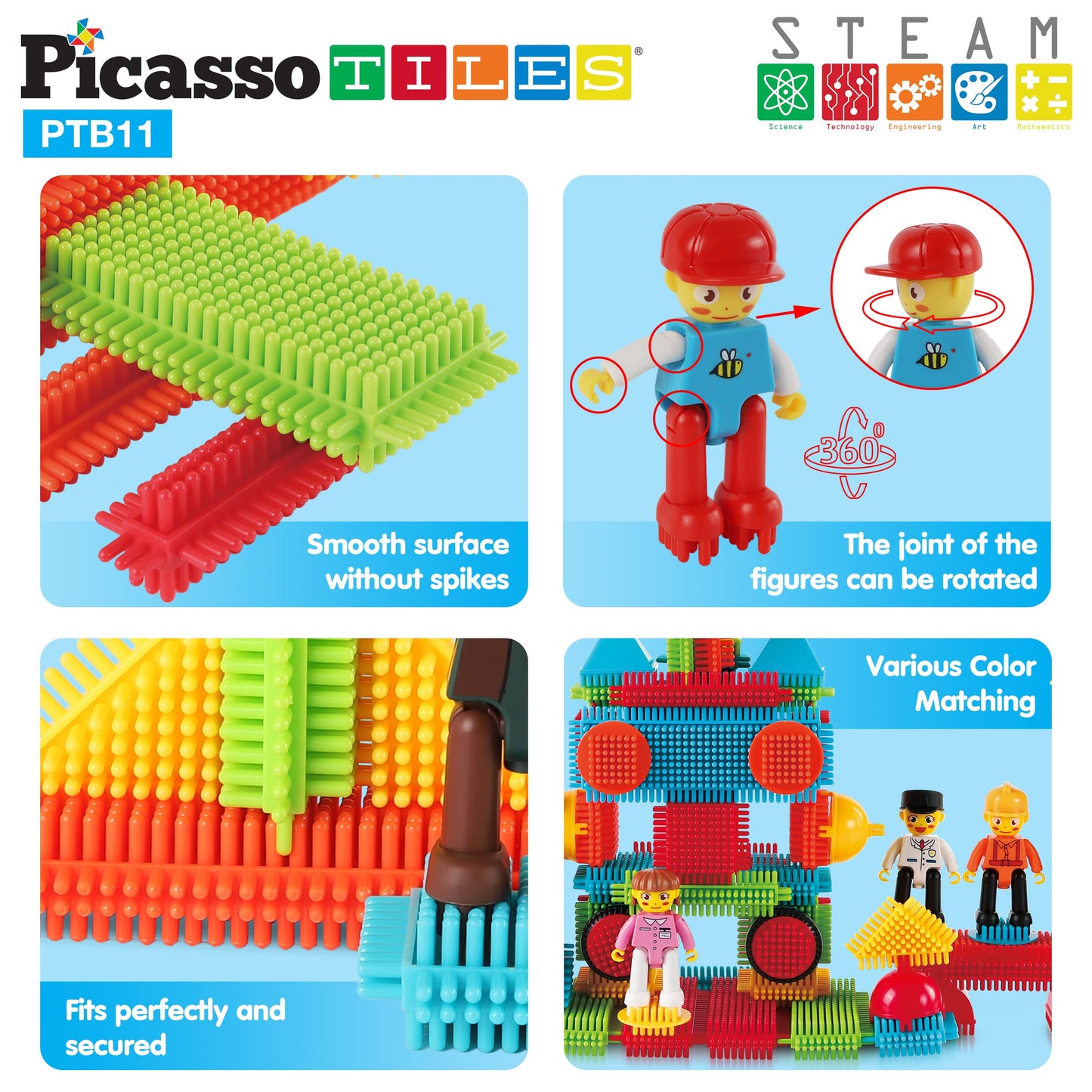 Picasso Toys Hedgehog Blocks 4 Family Action Character Figures Toddler Toy Construction Building Tile Block Expansion Pack Educa