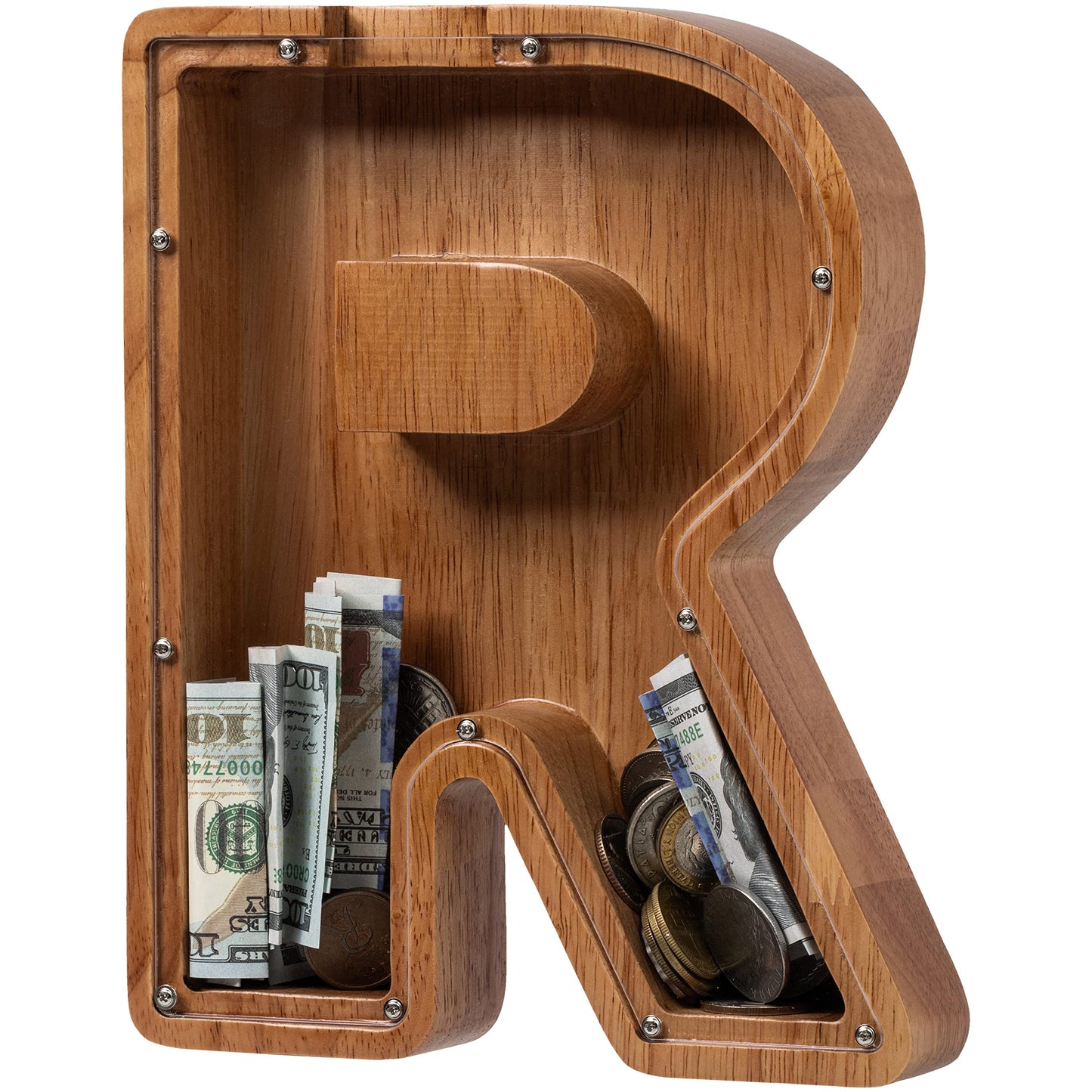 Ladenk Large Wooden Kids Letter Piggy Bank - Piggy Bank For Boys Girls - Alphabet Money Bank With Initial R - Coin Bank For Birt