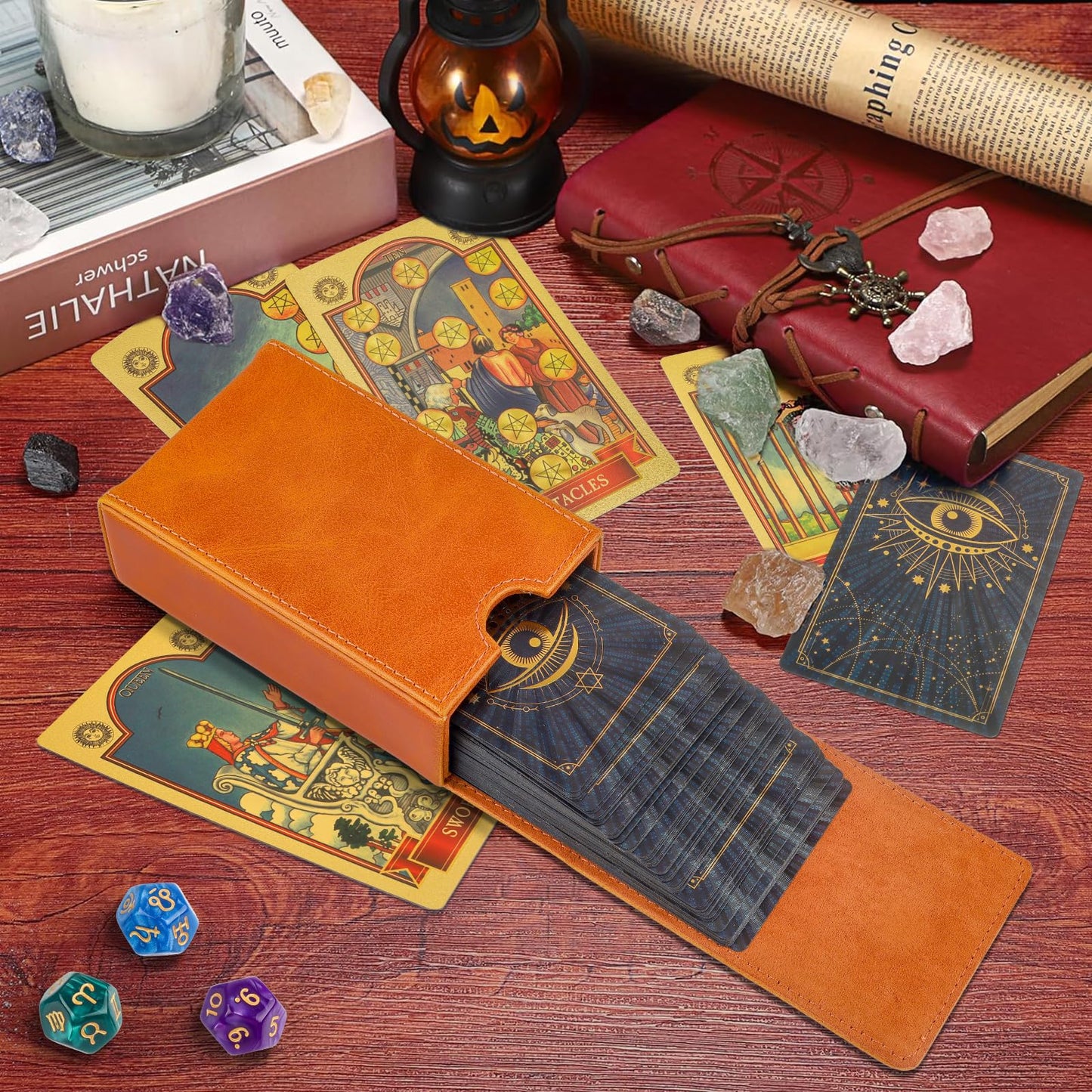 Buweeo Tarot Card Case/Holder, Single Deck PU Leather Card Holder for Most Standard Size Tarot Cards or Playing Cards, Brown