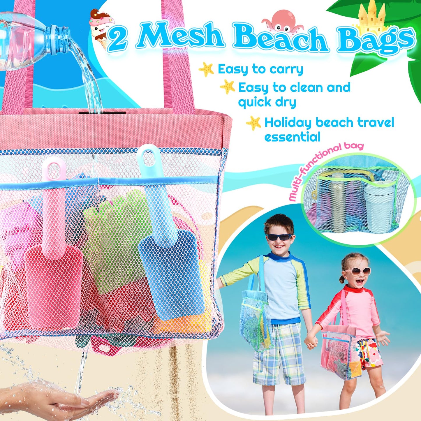 FUSPWEAO Collapsible Beach Toys Sand Toys for Kids, Sandbox Toys with 2 Collapsible Beach Buckets, Mesh Bags, Sand Molds, Sand C