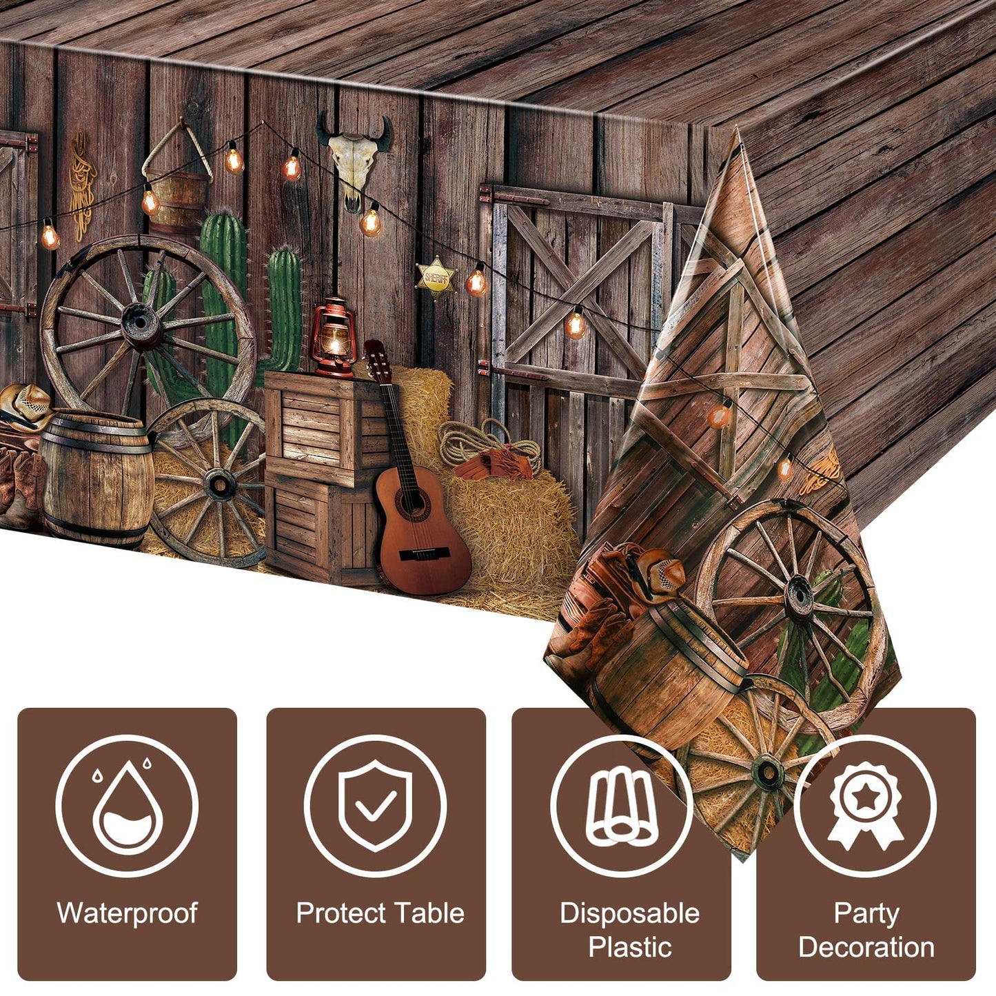 Western Party Tablecloth Western Cowboy Party Table Cover Cowboy Theme Plastic Tablecloth Wild West Wooden House Barn Door Table