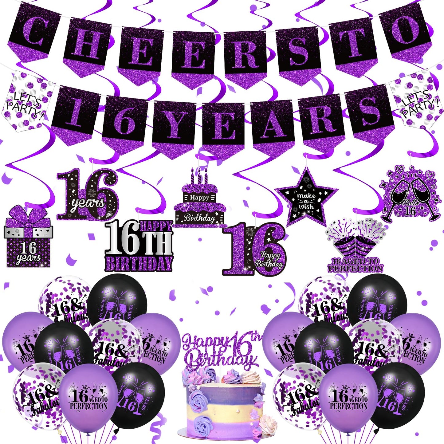 Purple 16Th Birthday Decorations For Girls Boys Purple Black 16Th Birthday Banner Hanging Swirls 16Th Birthday Balloons Happy 16Th Birthday Cake Topper For Purple Cheer To 16 Years Party Supplies
