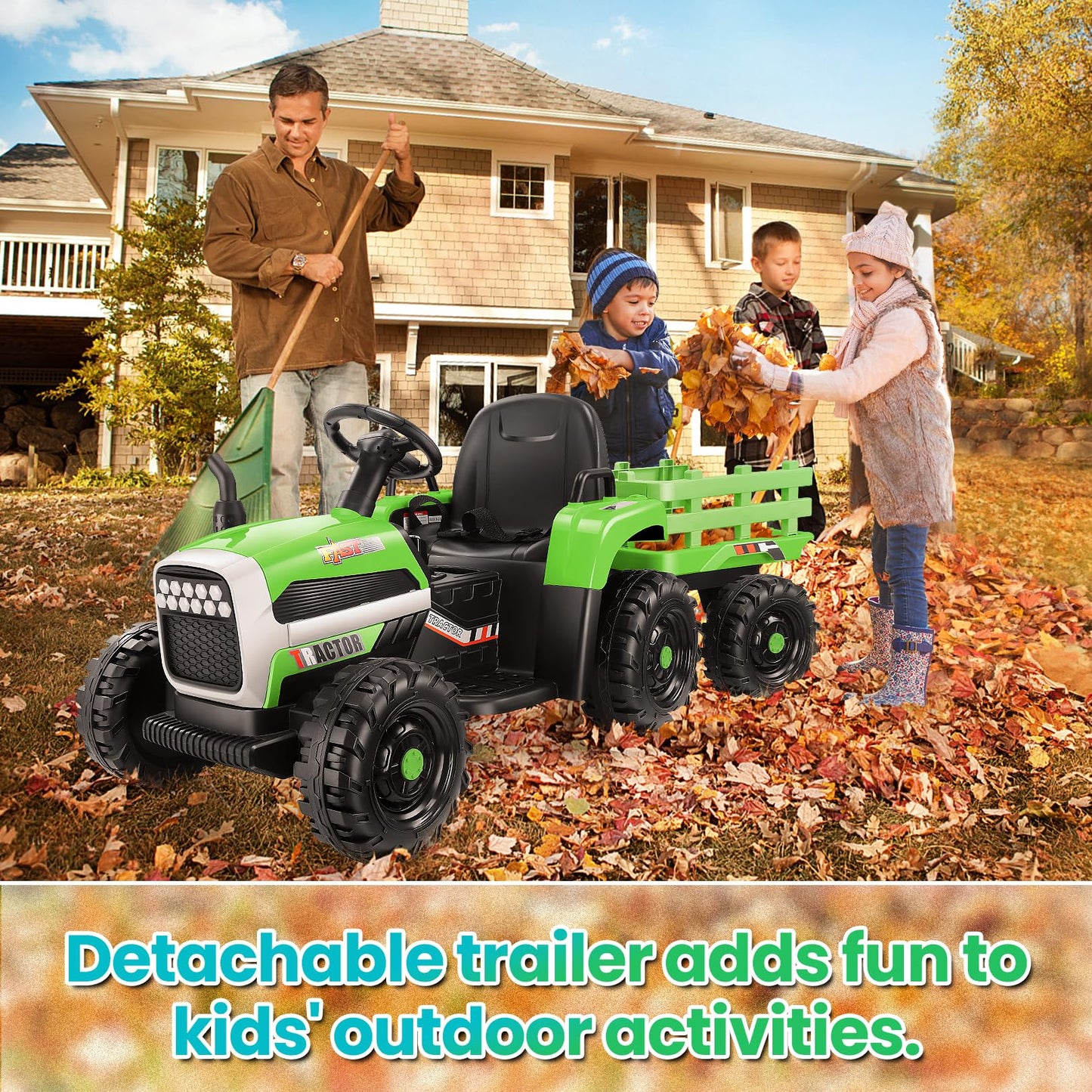 Hikole Kids Ride on Tractor, 12V Electric Tractors with Trailer, Remote Control, 11-LED Headlights, 3-Gear-Shift, 30W Dual Motor