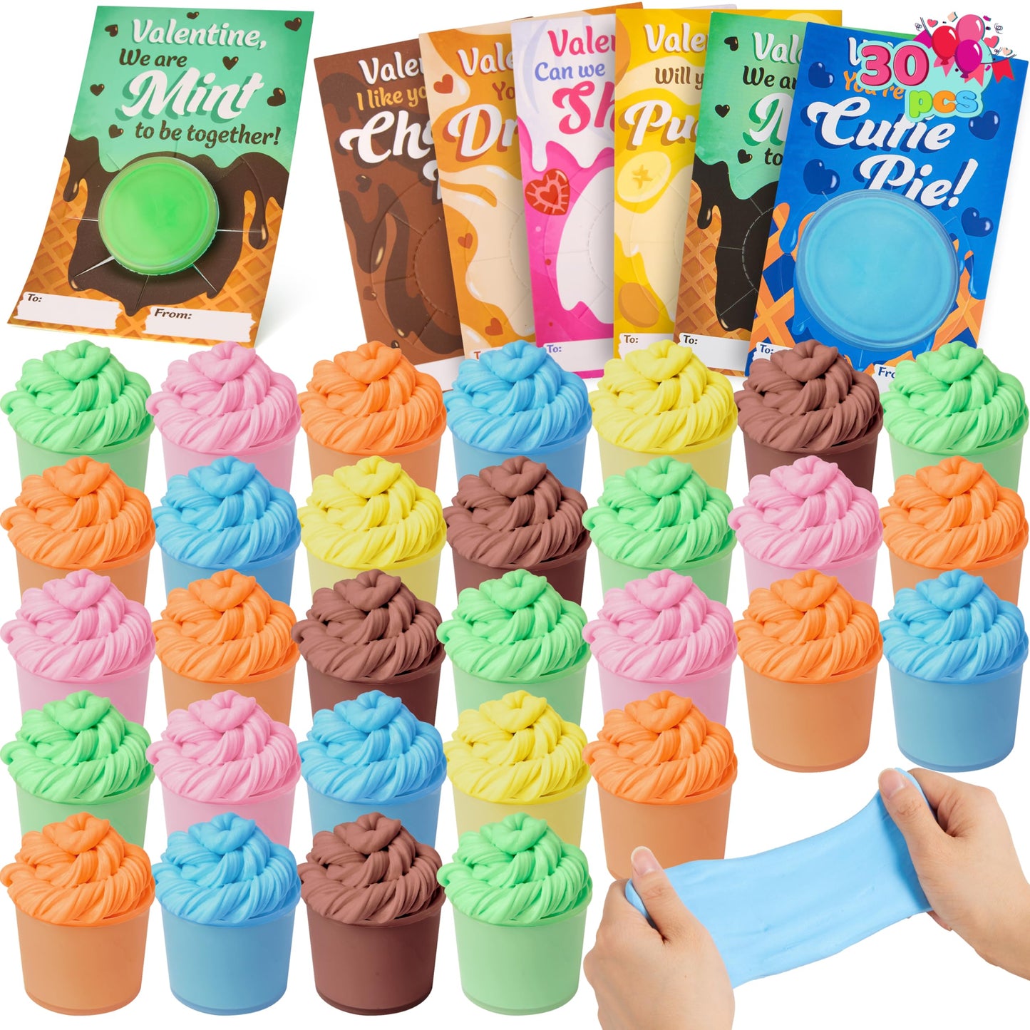 Joyin 30 Packs Valentines Day Cards With Butter Slime, 6 Colors Slime Party Favors, Stress Relief Fidget Toys And Gift Cards For Kids Valentine'S Day Classroom Exchange Prizes