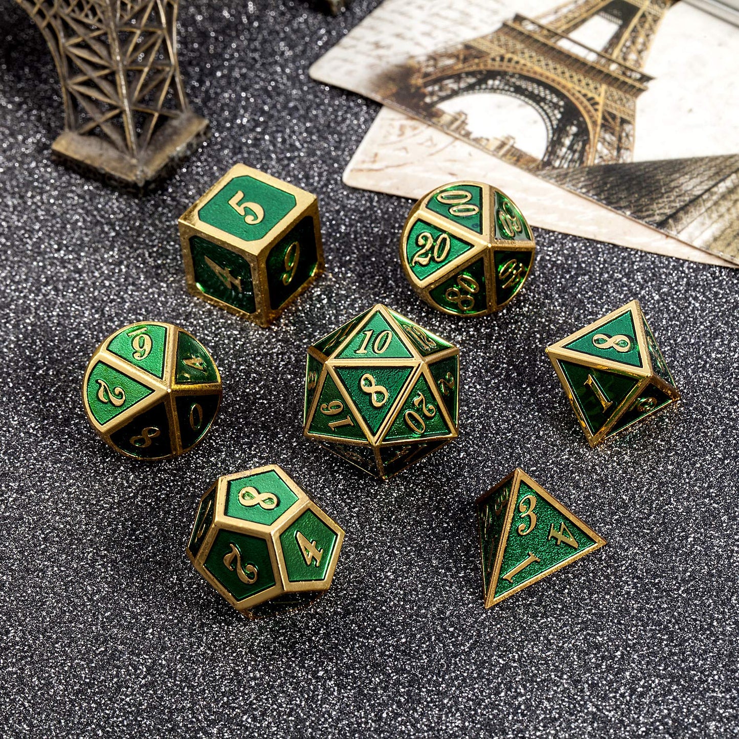 Metal Dice Set D&D, DNDND 7 Die Green DND Dice with Metal Case for Dungeons and Dragons Role Playing Game and Tabletop Games (Go