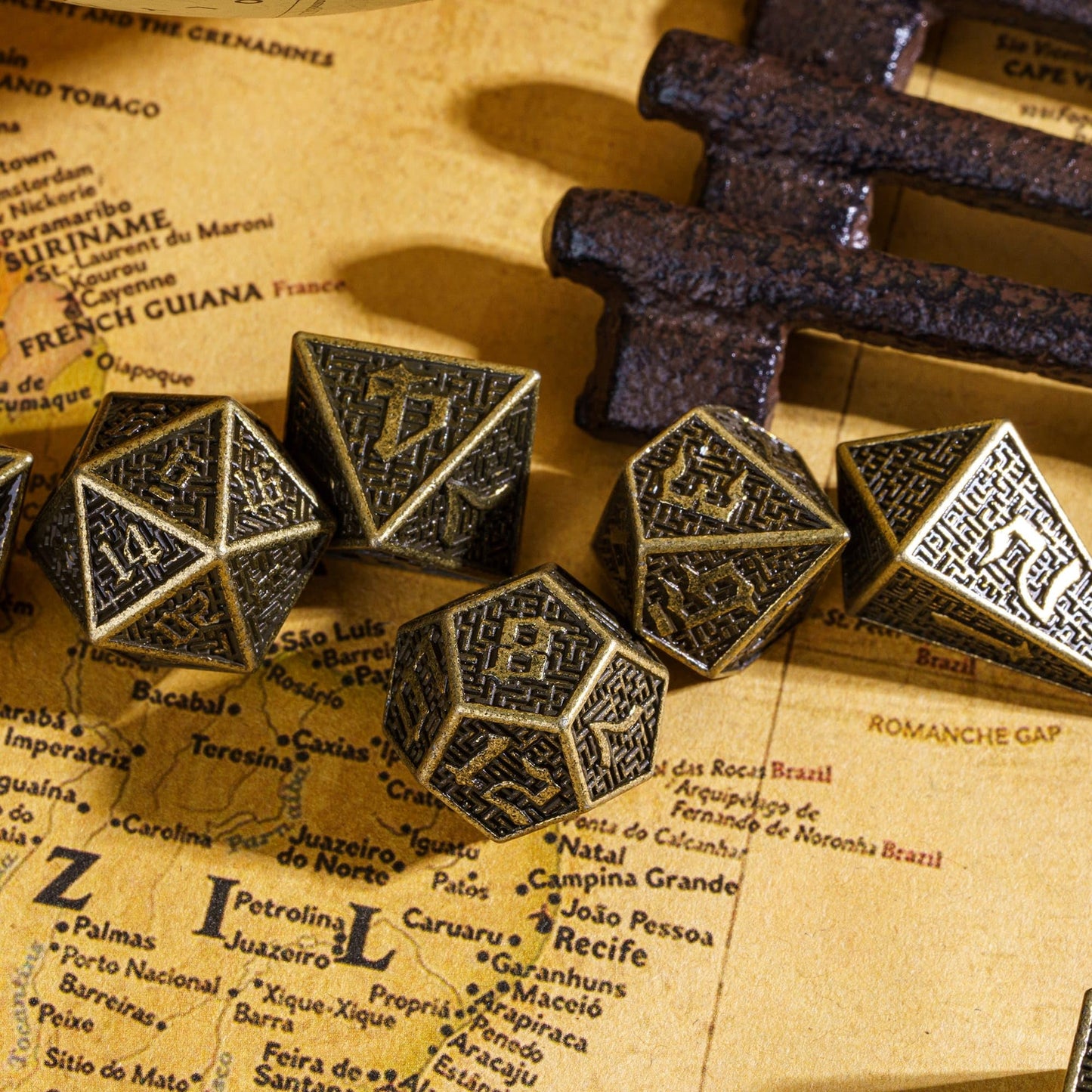 UDIXI Metal Dice Maze Carved DND Dice Set D&D 7PCS Bronze Role Playing Dice with Leather Pouch for Dungeons and Dragons Tabletop