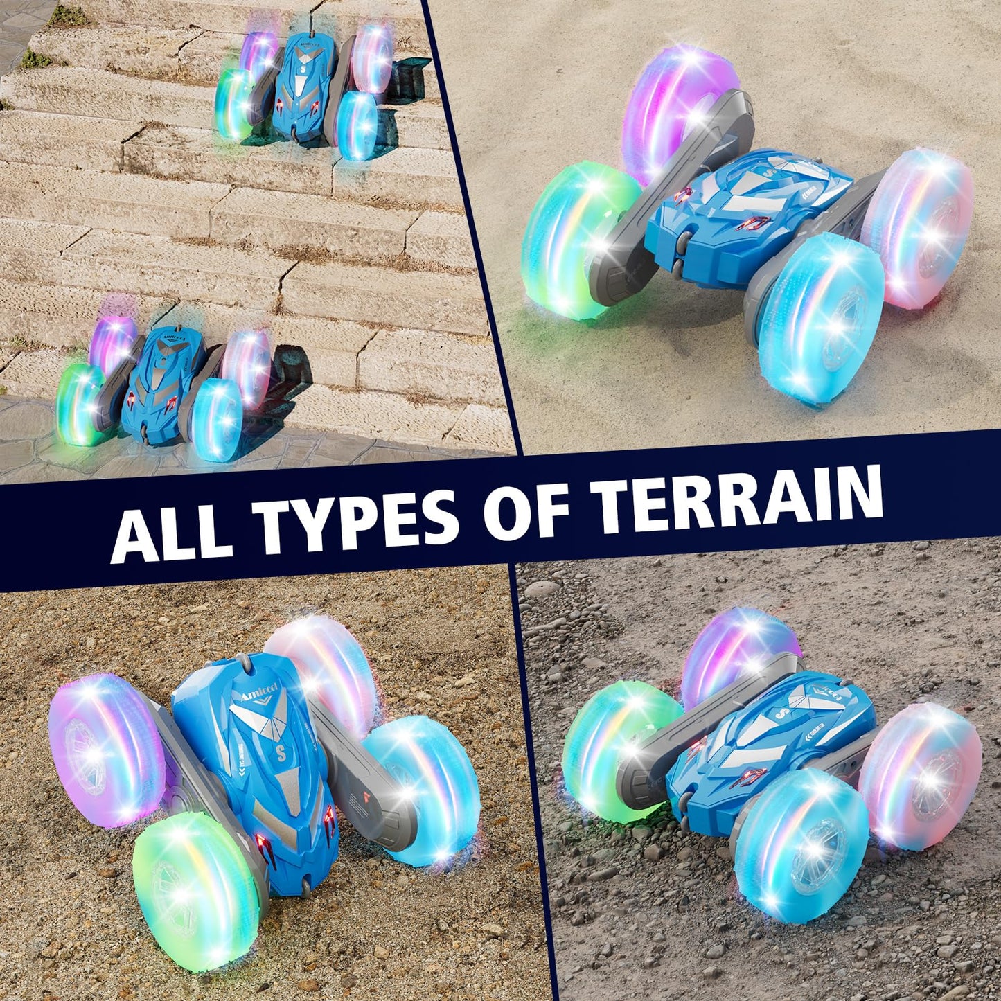 Amicool Remote Control Car for Boys 3-12 with Flashing Light, 6 7 8 9 Years Old Boy Toys, RC Cars Stunt 4WD Double Sided 360 Fli