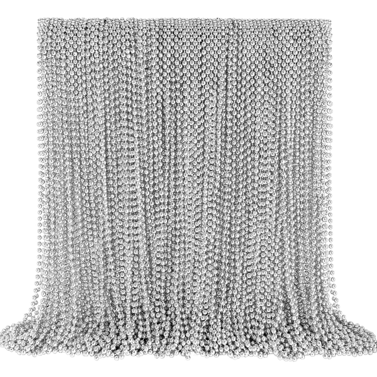 144 PCS Silver Bead Necklaces, Silver Mardi Gras Christmas Beads Necklaces, Patriotic Necklaces, 33 Inch Beaded Necklaces for Ma