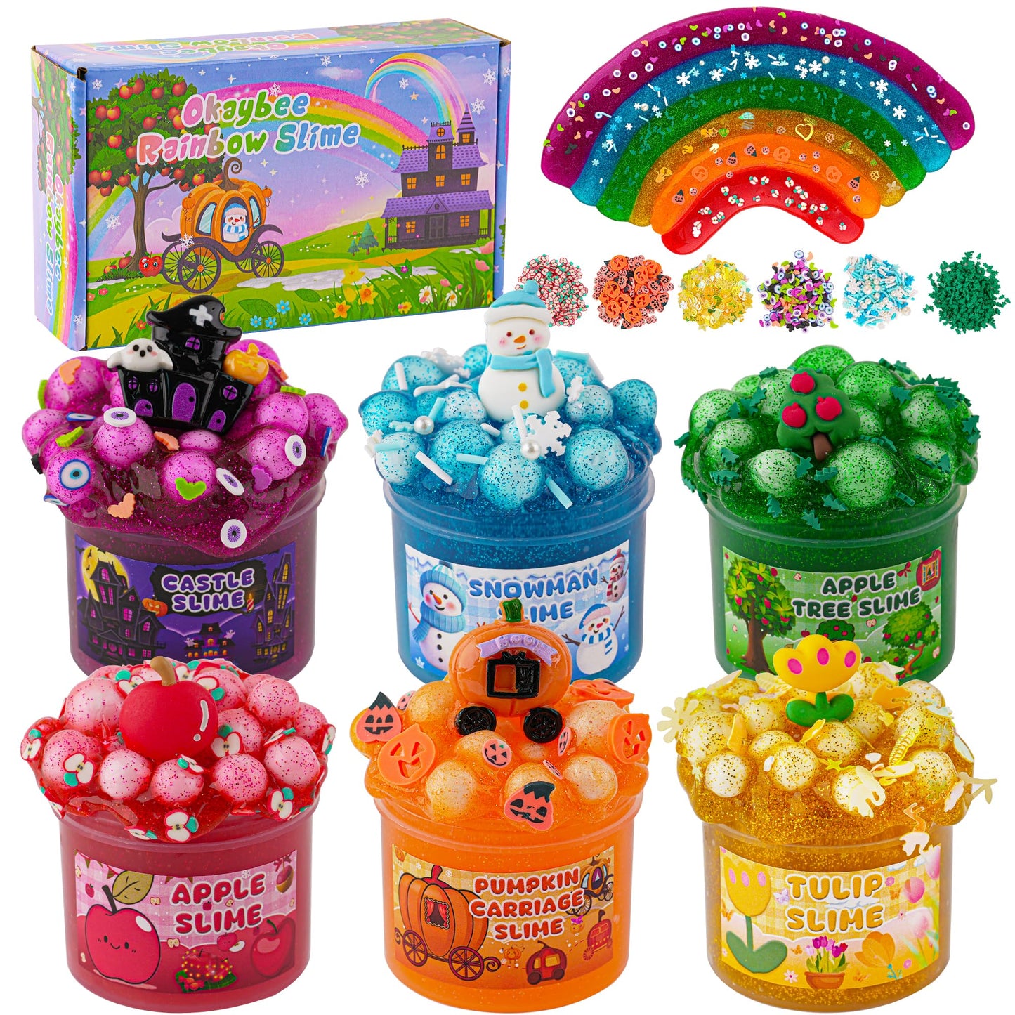 Okaybee 6 Pack Glitter Crunchy Slime Kit, Rainbow Slime For Kids, Christmas Stocking Stuffers, Slime Party Favors Sensory Toys,