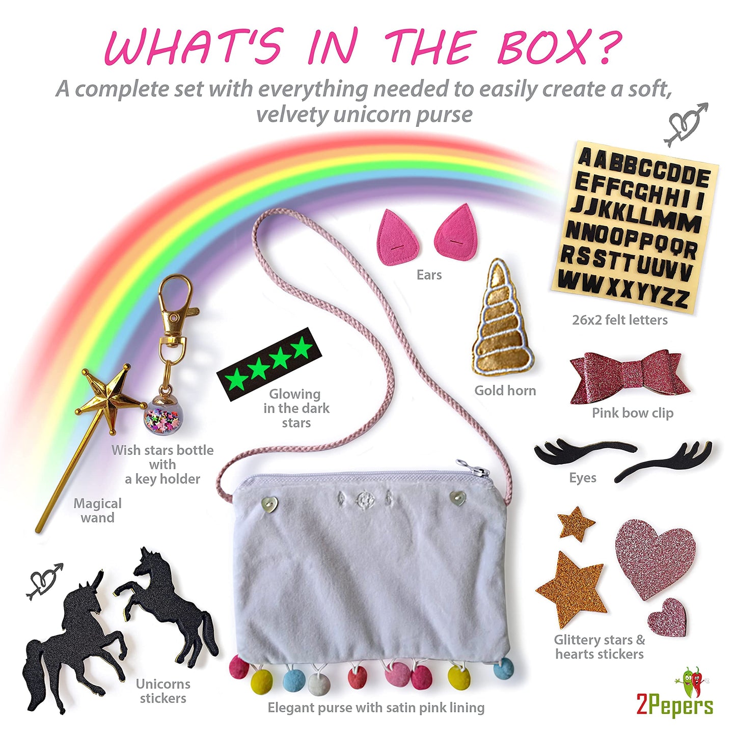 2Pepers Make Your Own Unicorn Purse Kit, Arts And Crafts For Kids, Diy Unicorns Gifts For Girls Ages 3 4 5 6 7 8 Years And Up (No Sewing Needed), Magical Unicorn Toy Bag, Creative Girl'S Project.