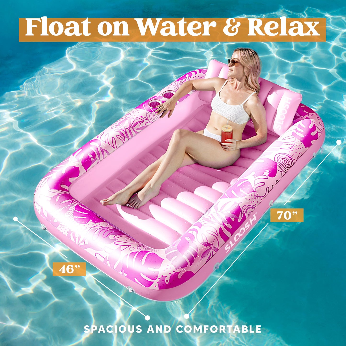 Sloosh Inflatable Tanning Pool Lounger Float, 70' X 46' Pool Floats Adult With Pillow, 4 In 1 Suntan Tub Raft Floatie,Sunbathing Bed Lounge For Water Blow Up Kids Ball Pit Party Gifts, L-Hot Pink