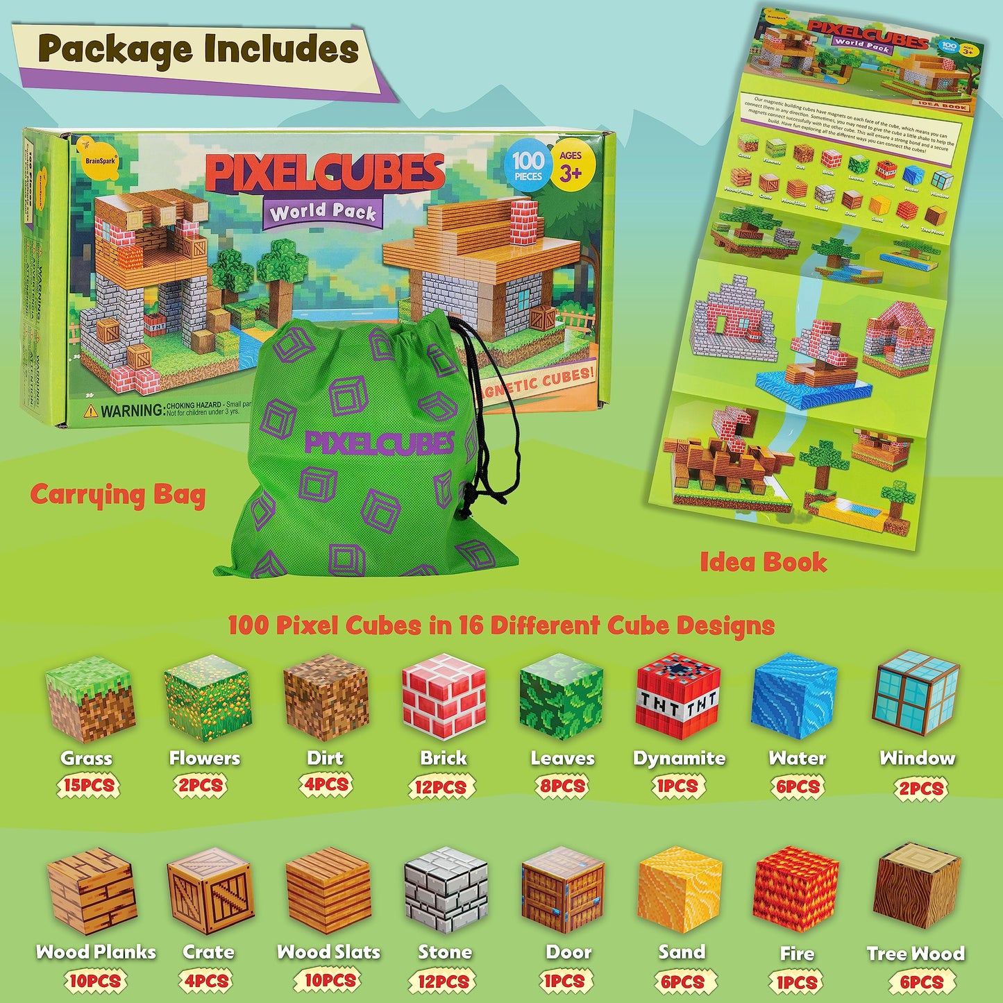 Brainspark 100Pcs Magnetic Pixel Cubes World Pack Edition Magnet Building Blocks Stem Montessori Stacking Toys For Toddlers Construction Toy Fidget Boys Girls Ages 3-9