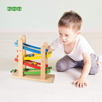 Play22 Wooden Car Ramps Race Track - 4 Level Toy Set with 4 Cars, 11x11x3.75 Inches, Ideal for Toddlers, Gift for Boys and Girls