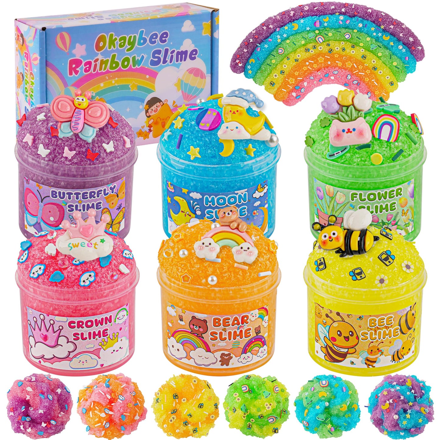 Okaybee 6 Pack Snow Fizz Crunchy Slime Kit, Rainbow Slime For Kids, With Slime Charms & Add-Ins, Slime Party Favors Sensory Toys