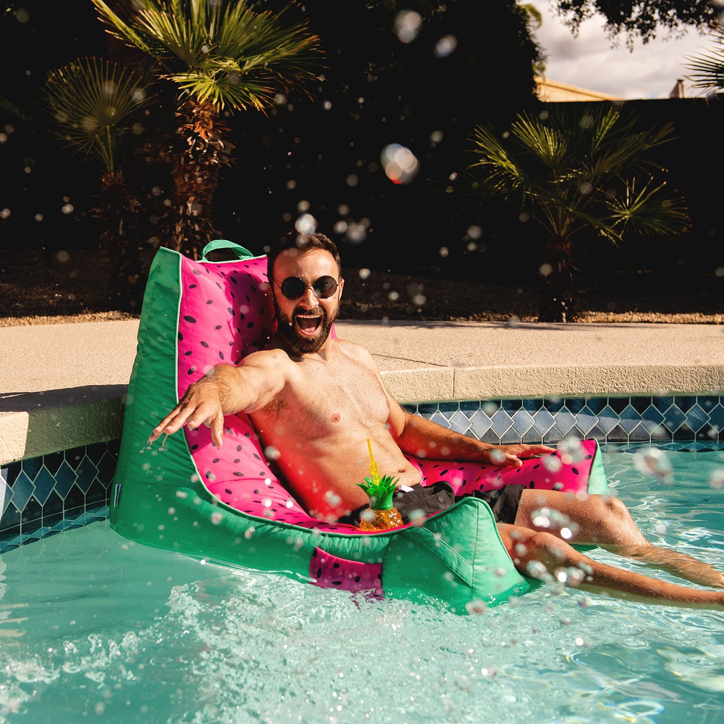 Big Joe Captain'S Float No Inflation Needed Pool Lounger With Drink Holder, Summer Melon Double Sided Mesh, Quick Draining Fabric, 3 Feet