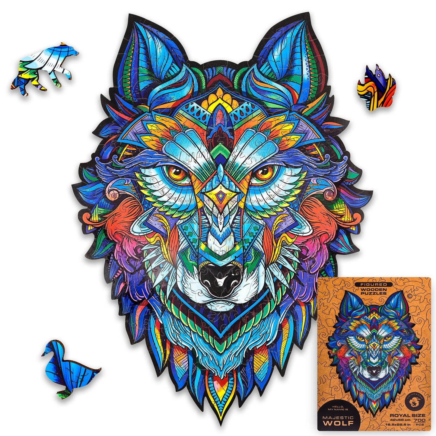 Unidragon Original Wooden Jigsaw Puzzles - Majestic Wolf, 700 Pcs, Royal Size 16.5'X22.6', Beautiful Gift Package, Unique Shape Best Gift For Adults And Kids