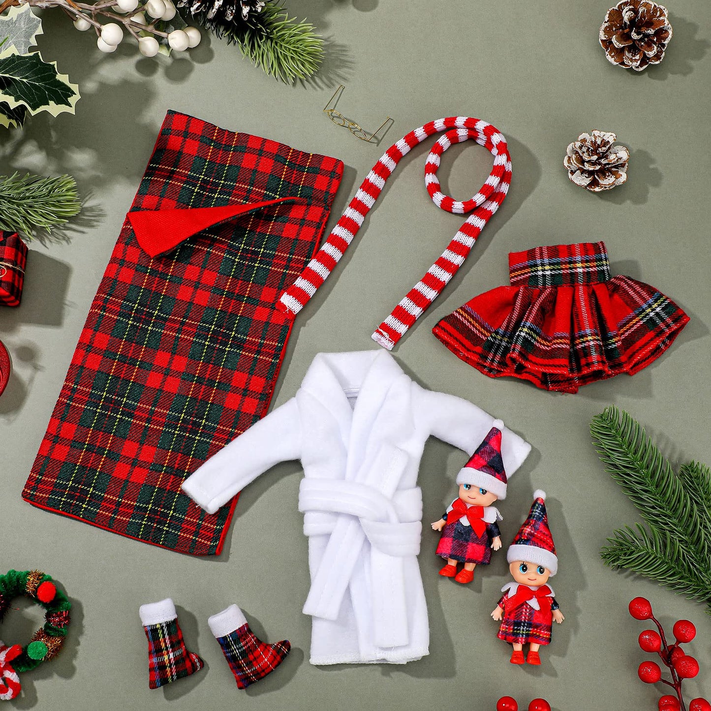 8 Pcs Christmas Elf Clothes Outfits Accessories Include Mini Doll Sleeping Bag Bathrobe Skirt Glasses Boots Red And White Striped Scarf For Christmas Stocking Stuffers Decorations