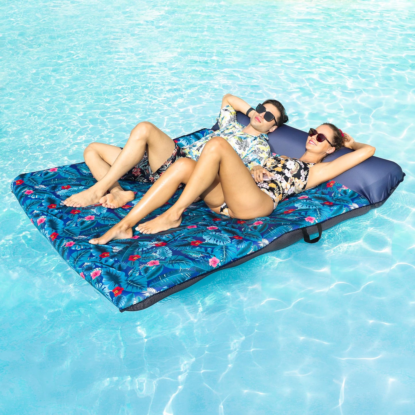 Finduwill Ultra Comfort Pool Floats Raft - 77'' Full Size Fabric Covered Inflatable Pool Lounger Mattress With Pillow For 2 Pers