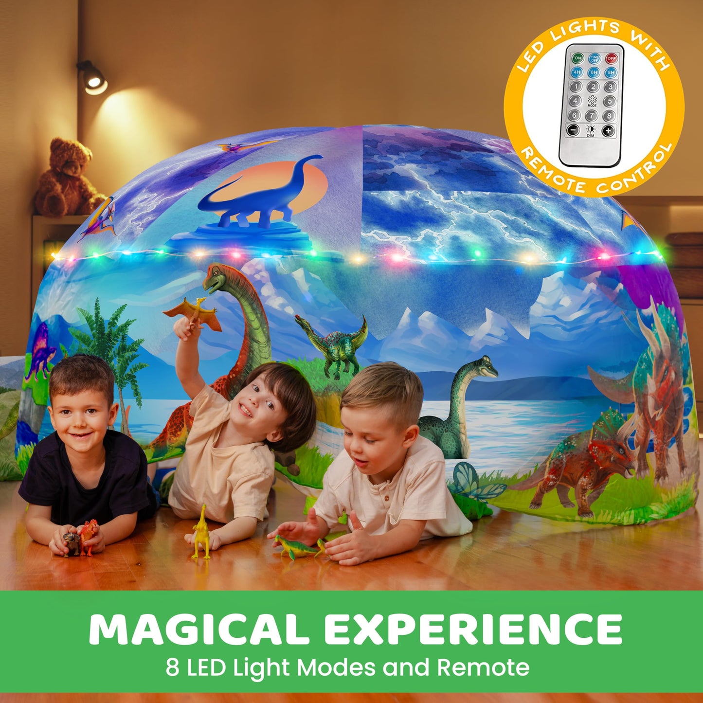 W&O Dino Aerodome With Led Lights - Inflatable Jurassic Fort For Kids Aged 3-12, Inflates In Seconds Creating An Immersive Dinosaur Experience (Fan Not Included)