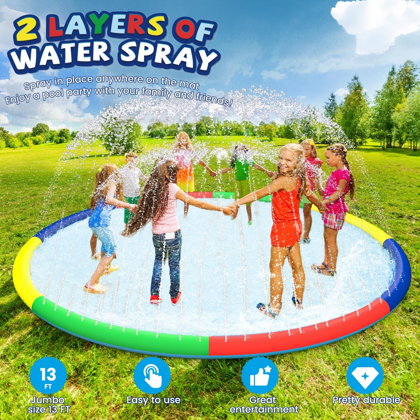 Odosola 16Ft Large Splash Pad For Kids Ages 4-8, Non-Slip Baby Splash Pads For Toddlers, Oversized Kids Sprinklers For Yard, Hea