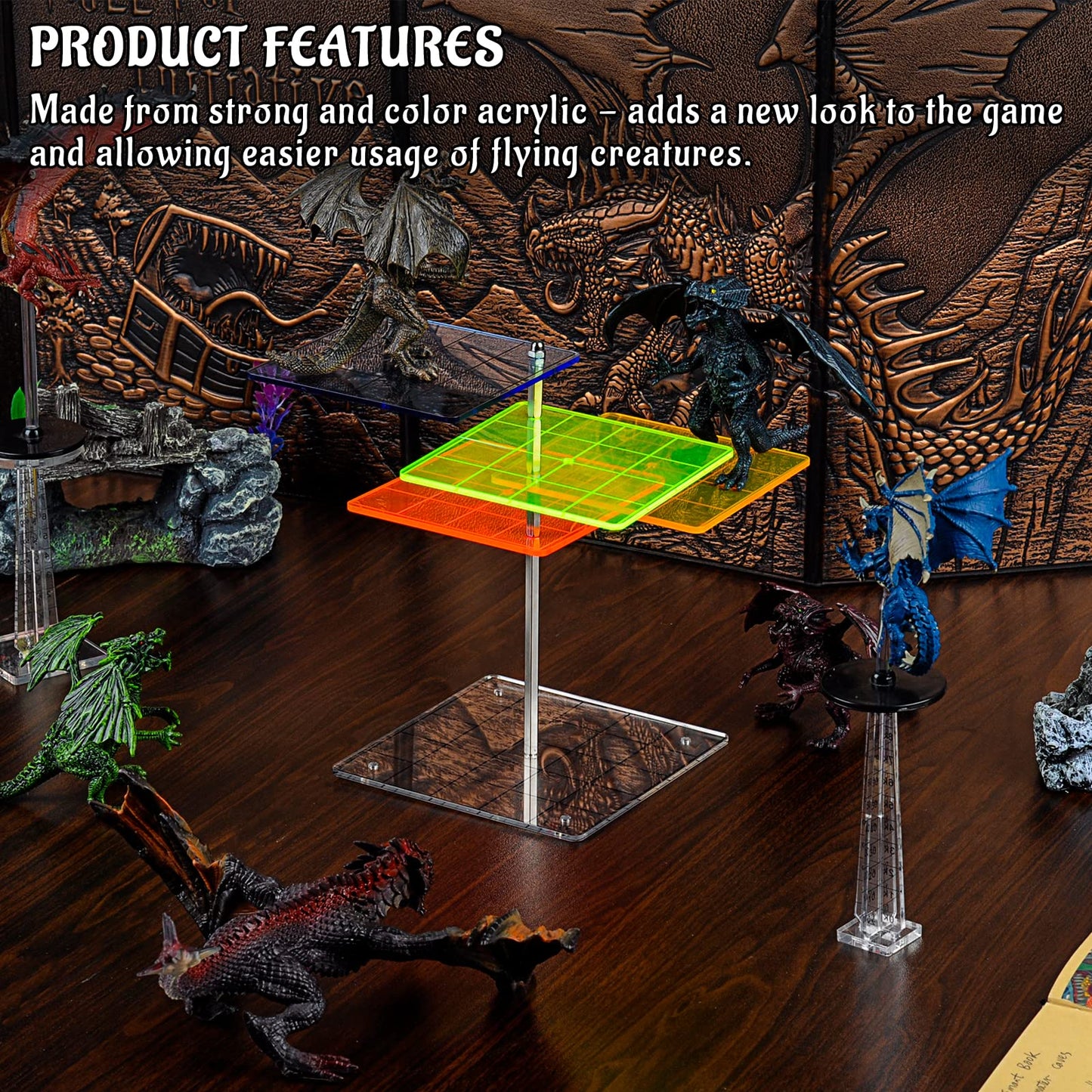 3D Combat Risers Set Colored Acrylic Connected By Metal Pillars Flying Miniature Flight Stand With 1 Inch Squaregrid Great Warga