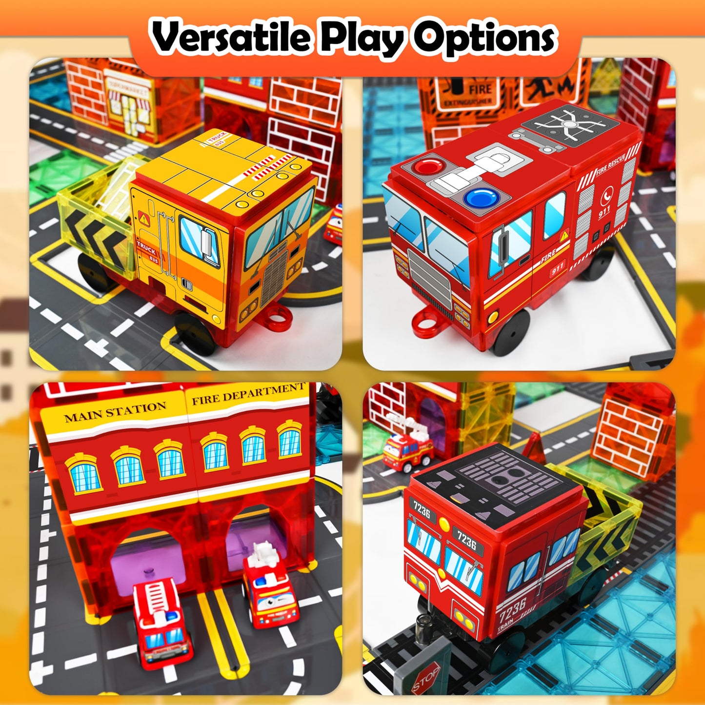 Drofex Magnetic Tiles Road Set With Fire Truck And Magnetic Crane, Creative Construction Toys For Kids Ages 3-12, Boys & Girls,