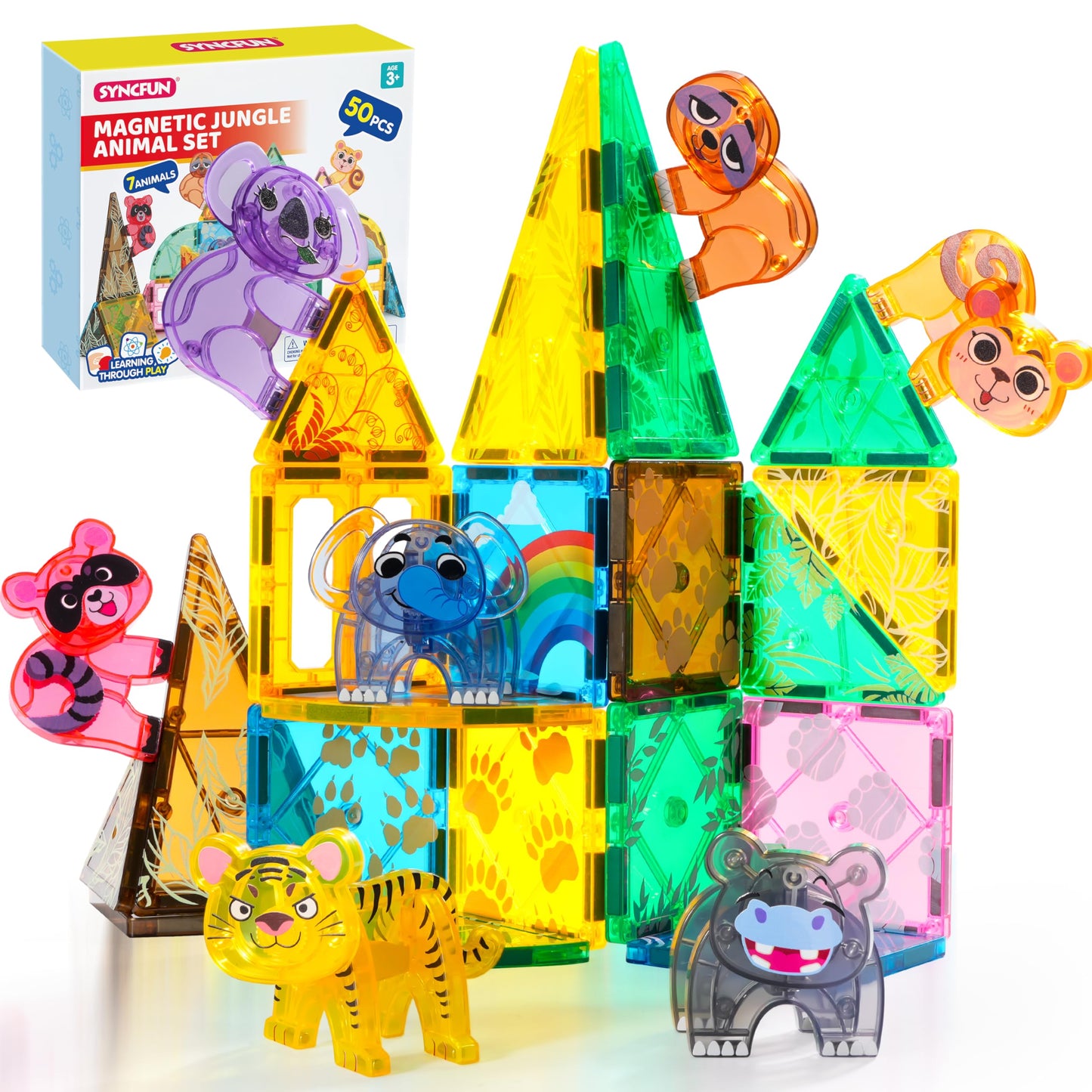 Syncfun Magnetic Building Tiles Jungle Animal Set For Kids, 50Pcs Including 7 Cute Animals, Educational Stem Toy For Boys & Girl