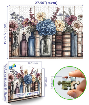 Blueforest Vintage Books Flowers 1000 Piece Jigsaw Puzzle - 27.6"x19.7", Cardboard, Floral Design for Adults, Game Night, Gifts