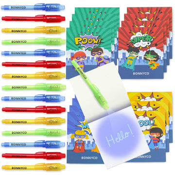 Bonnyco Invisible Ink Pen, Notebook Pack 16 Superhero Party Favors | Super Hero Party Favors For Kids Goodie Bags Stuffers Pinata Stuffers Classroom Prizes Return Gifts For Kids Birthday Student Gifts