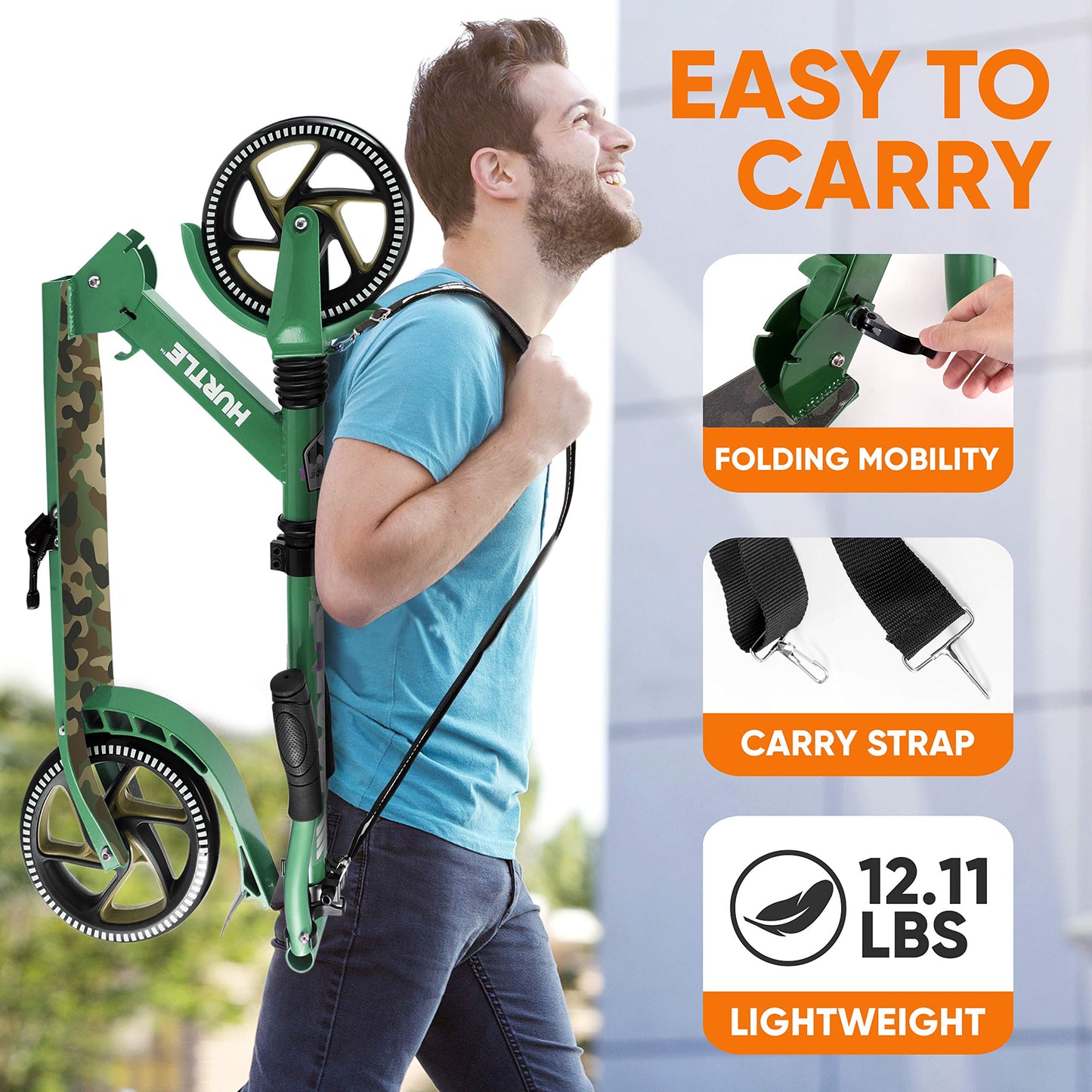 Hurtle Lightweight And Foldable Kick Scooter - Adjustable Scooter For Teens And Adult, Alloy Deck With High Impact Wheels (Camouflage)