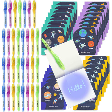 Bonnyco Invisible Ink Pen & Notebook Pack 32, Space Party Favors | Space Themed Party Favors For Kids Goodie Bags Stuffers Pinata Stuffers Classroom Prizes Return Gifts For Kids Birthday Student Gifts