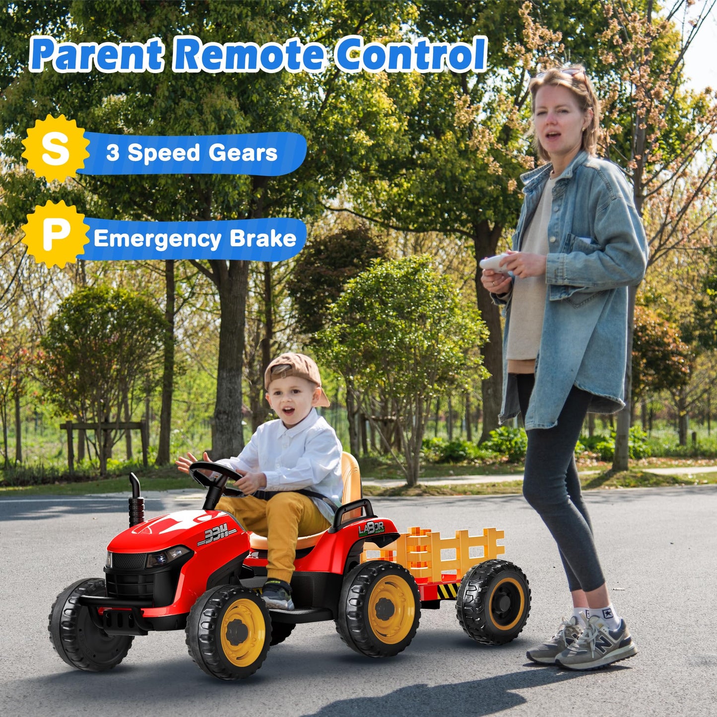 Arbeli 24V Ride On Tractor W/Tiltable & Detachable Trailer, 2X65W Motors, Eva Tires, Remote Control, Bluetooth, Shifter, Music,