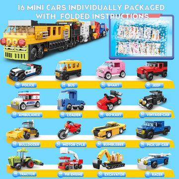16 Pack Building Blocks Party Favors For Kids, 2 In 1 710Pcs Creative Building Kits Mini City Vehicles Include Police Car & Trai
