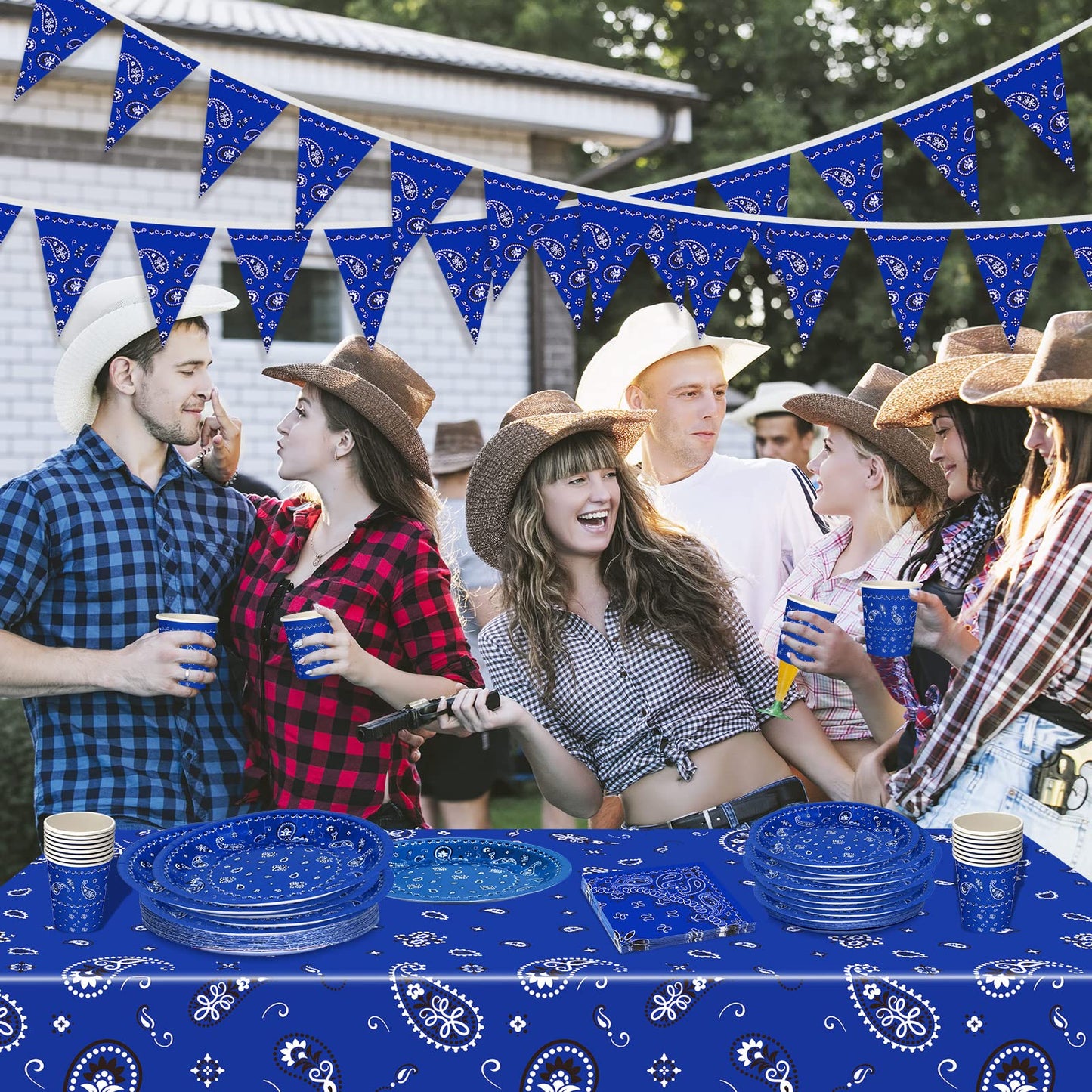 123 Pcs Western Cowboy Party Decoration Include 1 Plastic Paisley Print Tablecloth 2 Bandana Pennant Banner 60 Disposable Paper