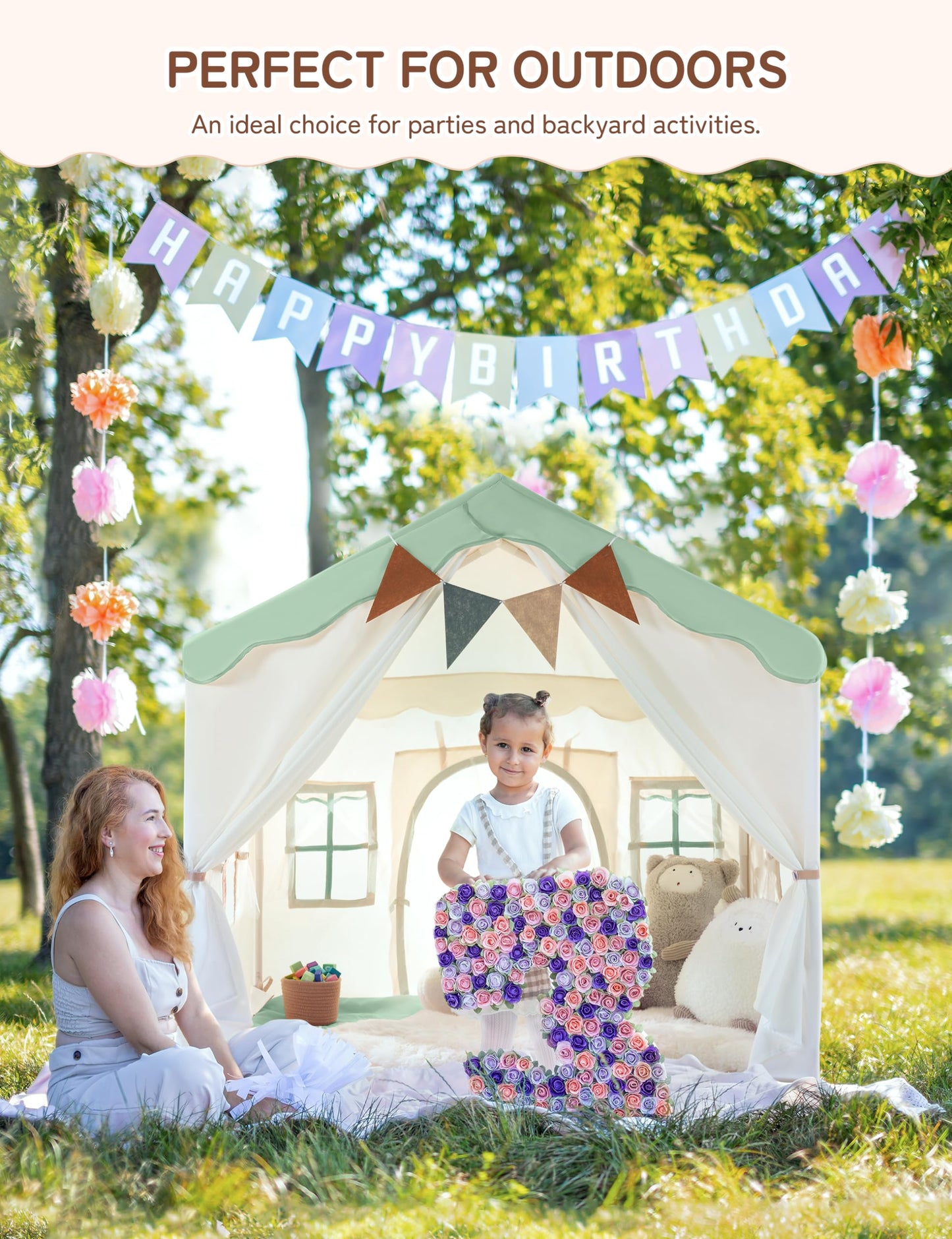Besrey Kids Play Tent - 2 In 1 With Padded Mat & Lights, Large Playhouse With 2 Doors & 4 Windows, Indoor & Outdoor, Christmas Toddler Play Tent, 51' X 35' X 51