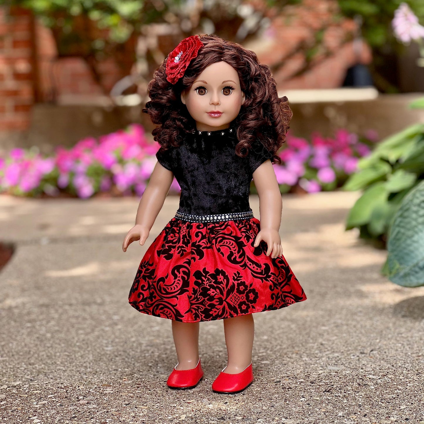 Holiday Spirit - 3 Piece 18 Inch Doll Outfit - Holiday Red Taffeta Party Dress With Red Shoes And Headband - (Doll Not Included)