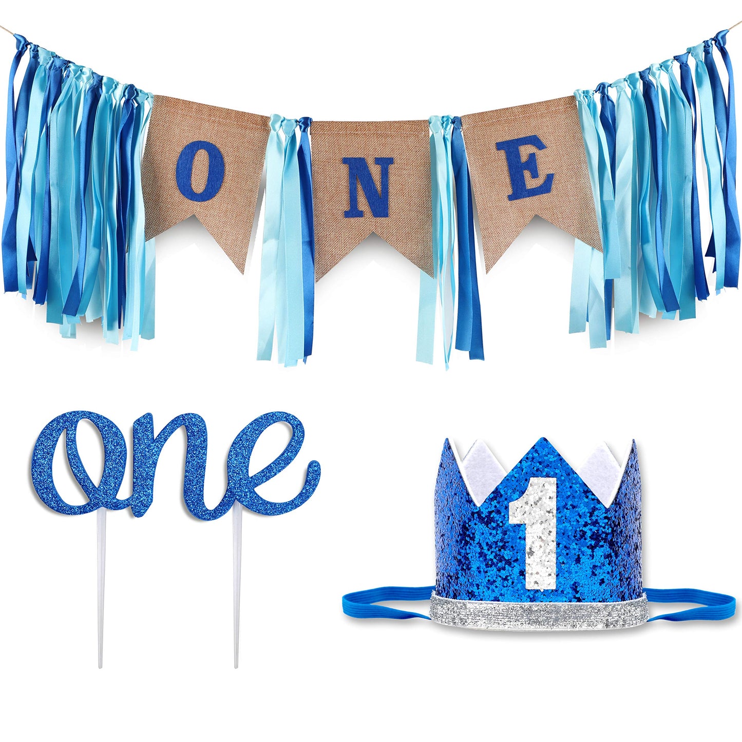 Baby 1St Birthday Boy Decorations With Crown - Baby Boy First Birthday Decorations High Chair Banner - Cake Smash Party Supplies