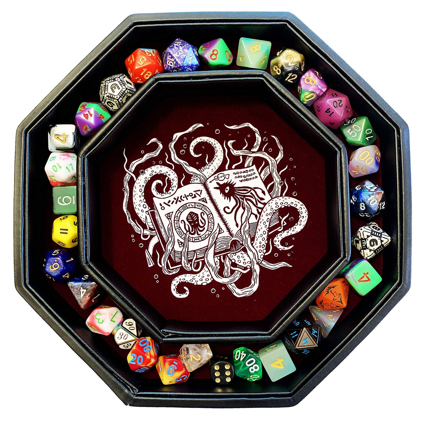Fantasydice-Cthulhu Tome-RED- Dice Tray - 8'' Octagon with Lid and Dice Staging Area- Holds 5 Sets(7 Dice Set/Standard) for All