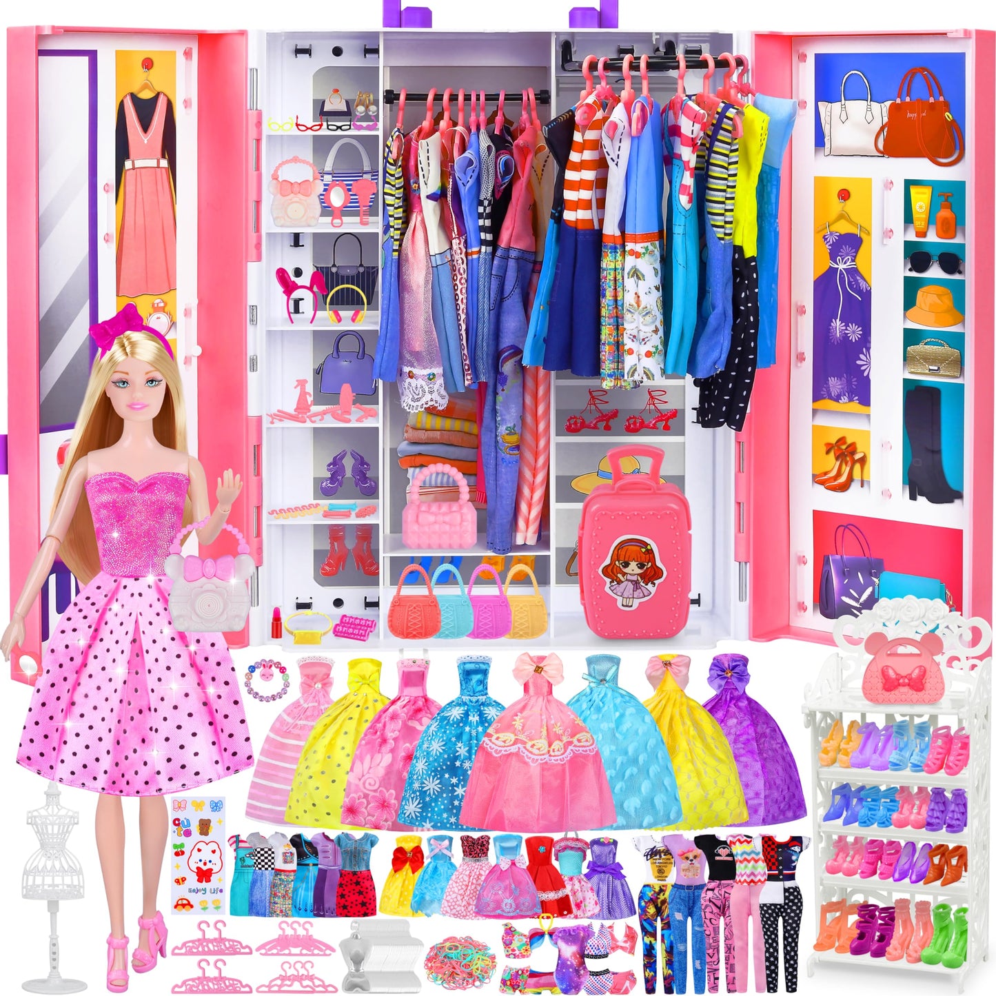 Doll Closet Playset With Doll, 342 Pcs Clothes And Accessories, Princess Dresses Top Pants Swimsuits Wardrobe Shoes Hangers And Other Accessories, Doll Dress Up Toys For Girls Toddlers Gift Toys