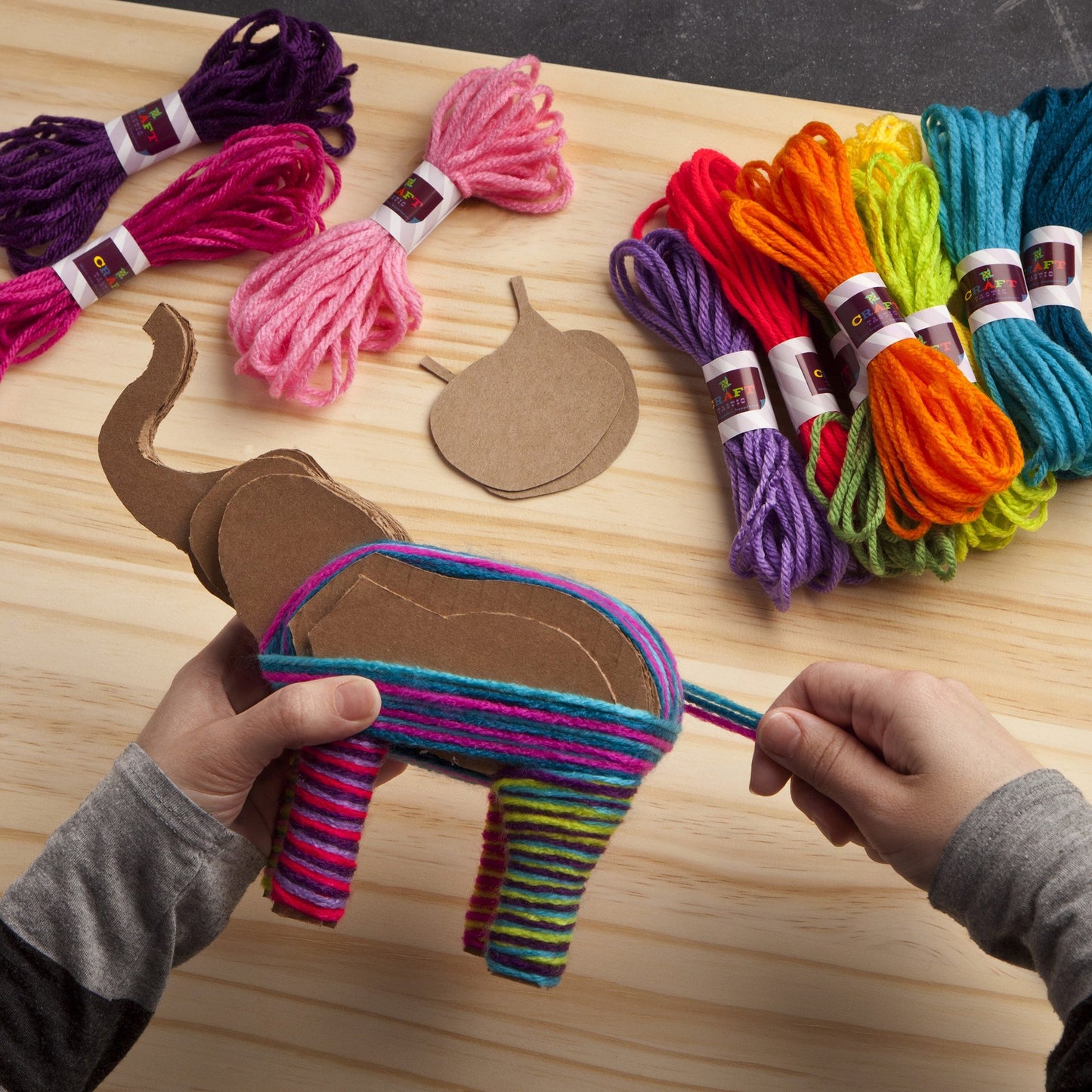 Craft-tastic Yarn Elephants Kit - Makes 2 Yarn-Wrapped Elephants - Multi Color - Ages 8+ - Model CT1775T