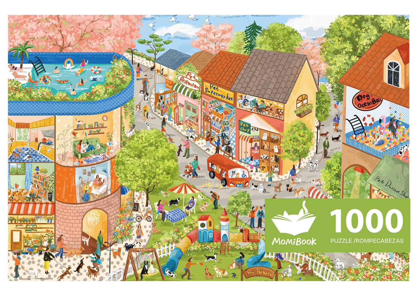 MOMIBOOK Puzzles for Adults 1000 Piece Jigsaw Puzzles of Living with Pets, Twinkle Laminate Painting Image Town Puzzles Difficul