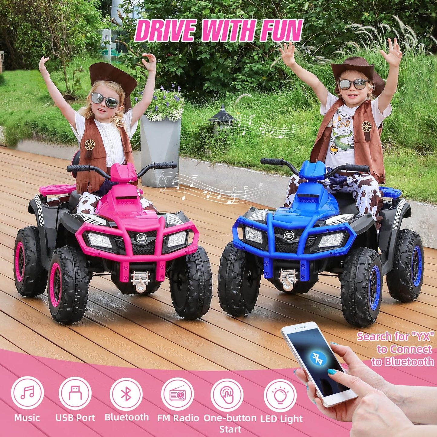 ELEMARA 2 Seater Ride on ATV, 4 Wheeler Quad Ride on Toy with 10AH Battery, Ride on Electric Big Kids