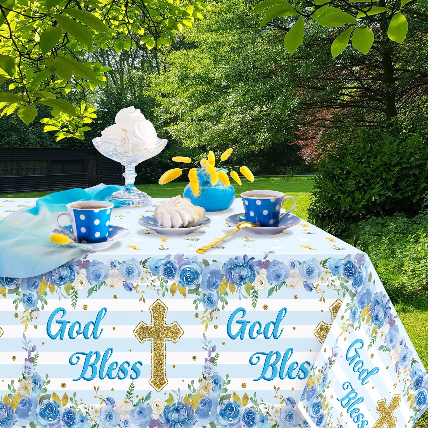 BkeeCten 3 Packs Blue Baby boy Baptism Party Tablecloths Decorations Flower Theme Disposable Plastic Waterproof Rectangle God Bl
