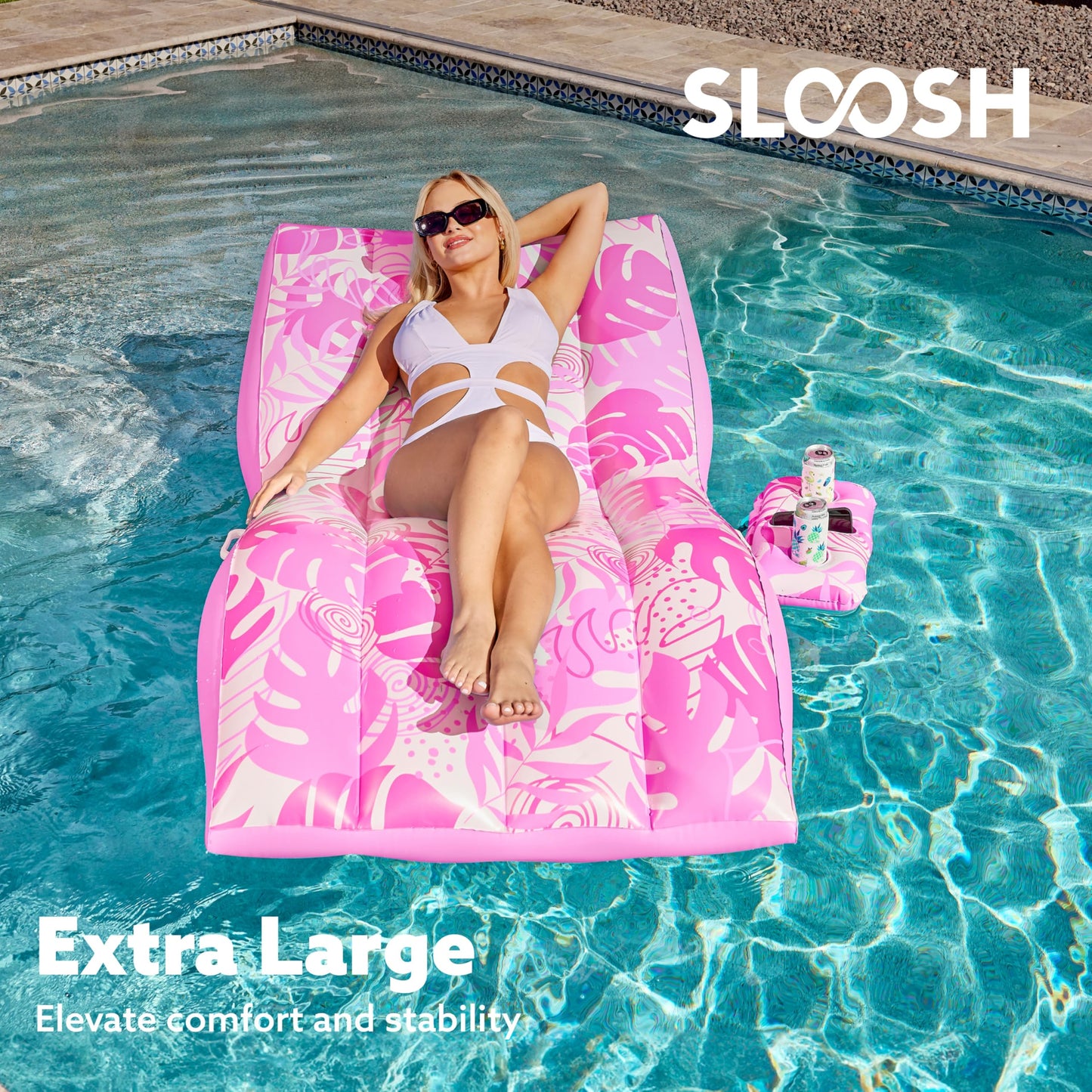 SLOOSH Inflatable Pool Floats mature-themed - Extreme Comfort Pool Lounge Chair with Detachable Cup Holder Heavy Duty Lounger Floating Recliner Blow Up Floaties Water Floaty Lake Beach Tanning Float (Pink)