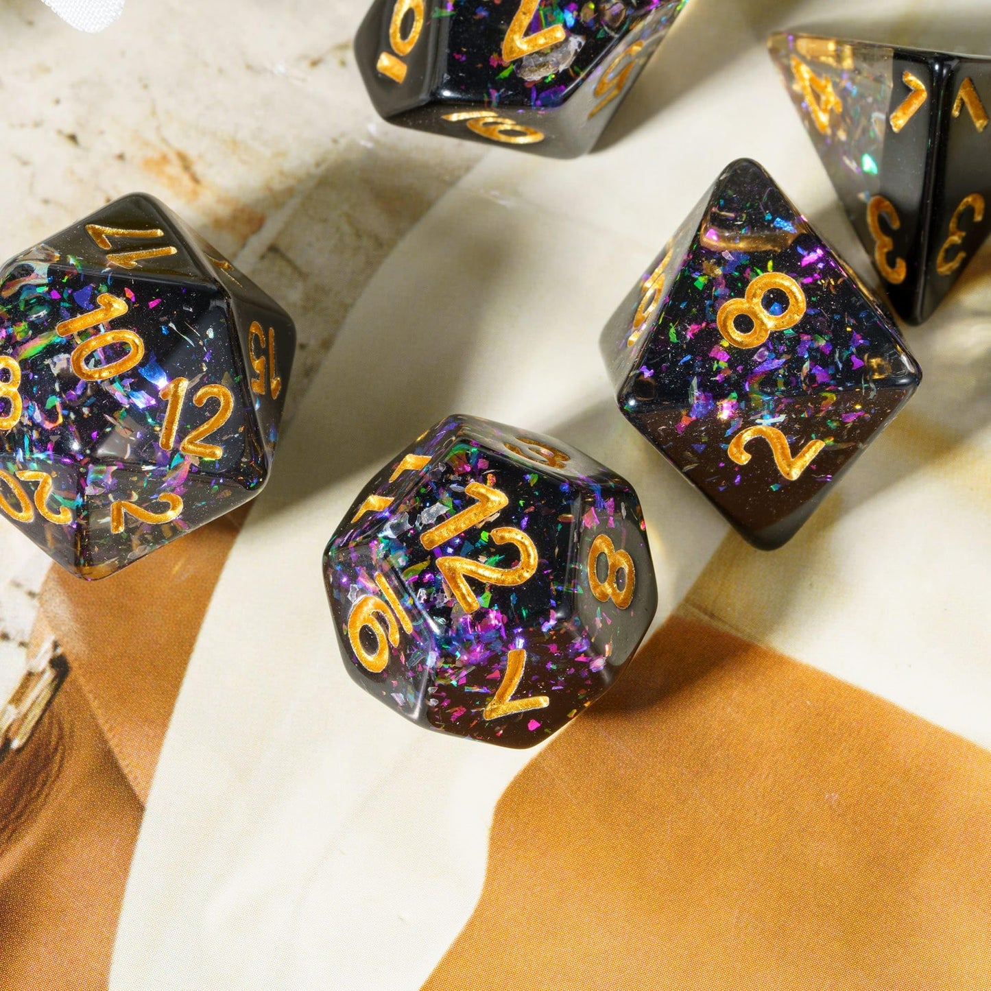 HDdais Resin DND Dice Set, 7PCS Black Polyhedral Dice Set D&D Filled with Colorful Foil for Dungeons and Dragons Role Playing Ga