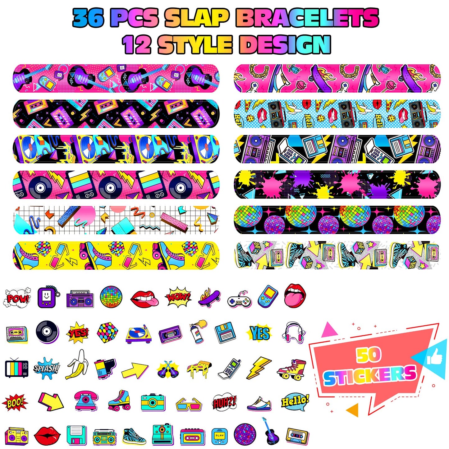 Sinmoe 86 Pcs 80s 90s Party Favors Slap Bracelets Bulk Back to 80s 90s Throwback Theme Party Favors Snap Bracelets Bracelets wit