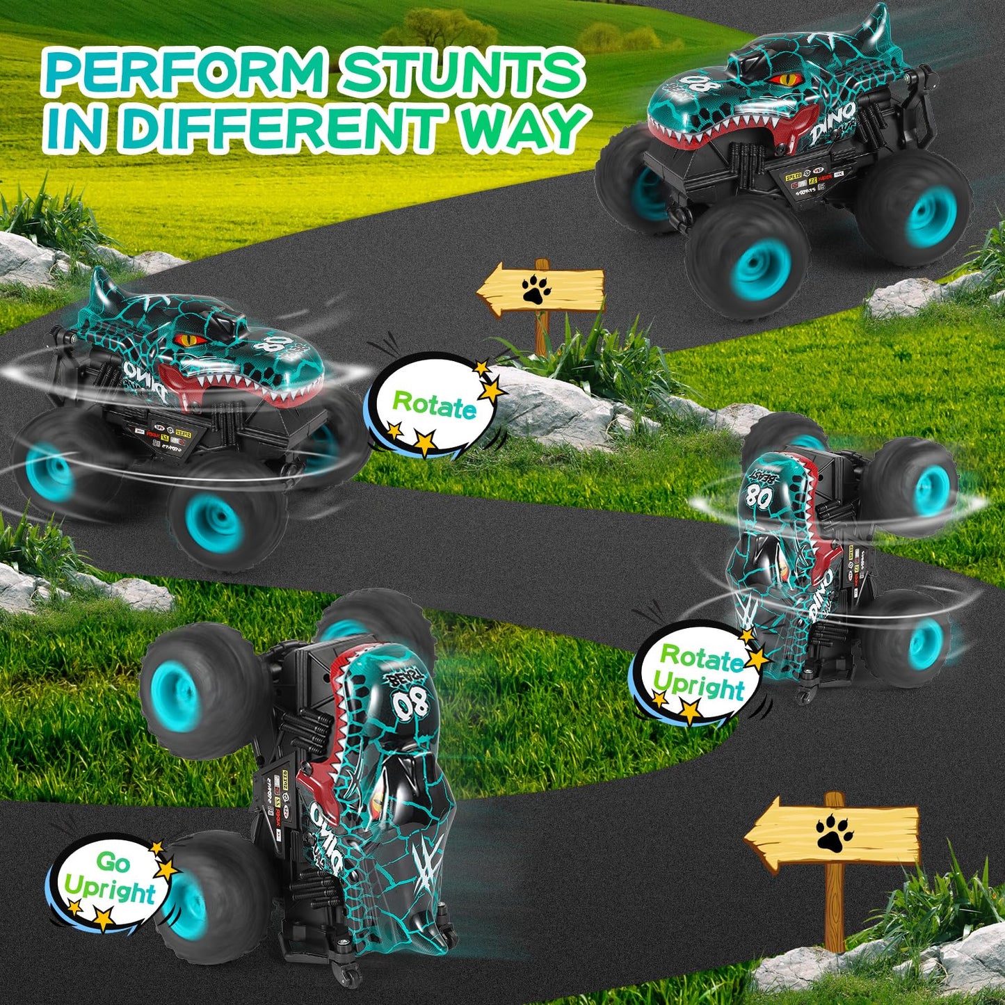 Dyodyorc Remote Control Car, 2.4Ghz All Terrain Dinosaur Monster Truck Toys, Rc Truck With Music, 3 Lighting Effects, 360 Stunt