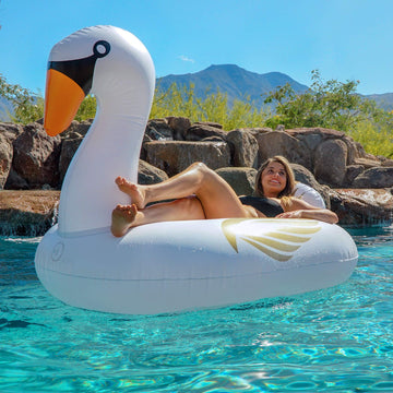 Gofloats Giant Inflatable Pool Floats - Choose Unicorn, Dragon, Flamingo, Swan, Or Bull - Includes Drink Float, White