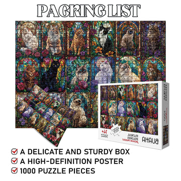 Buhah Stained Glass Cat Puzzles For Adults 1000 Pieces Colorful Flower Art Jigsaw Puzzles Animal Collage Plant Floral For Decora